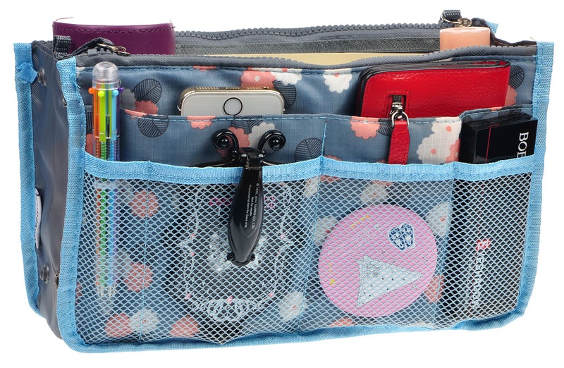 Vercord Purse Organizer Insert for Handbags Bag Organizers Inside Tote Pocketbook Women Nurse Nylon 13 Pockets Blue Flower Small - Image 2